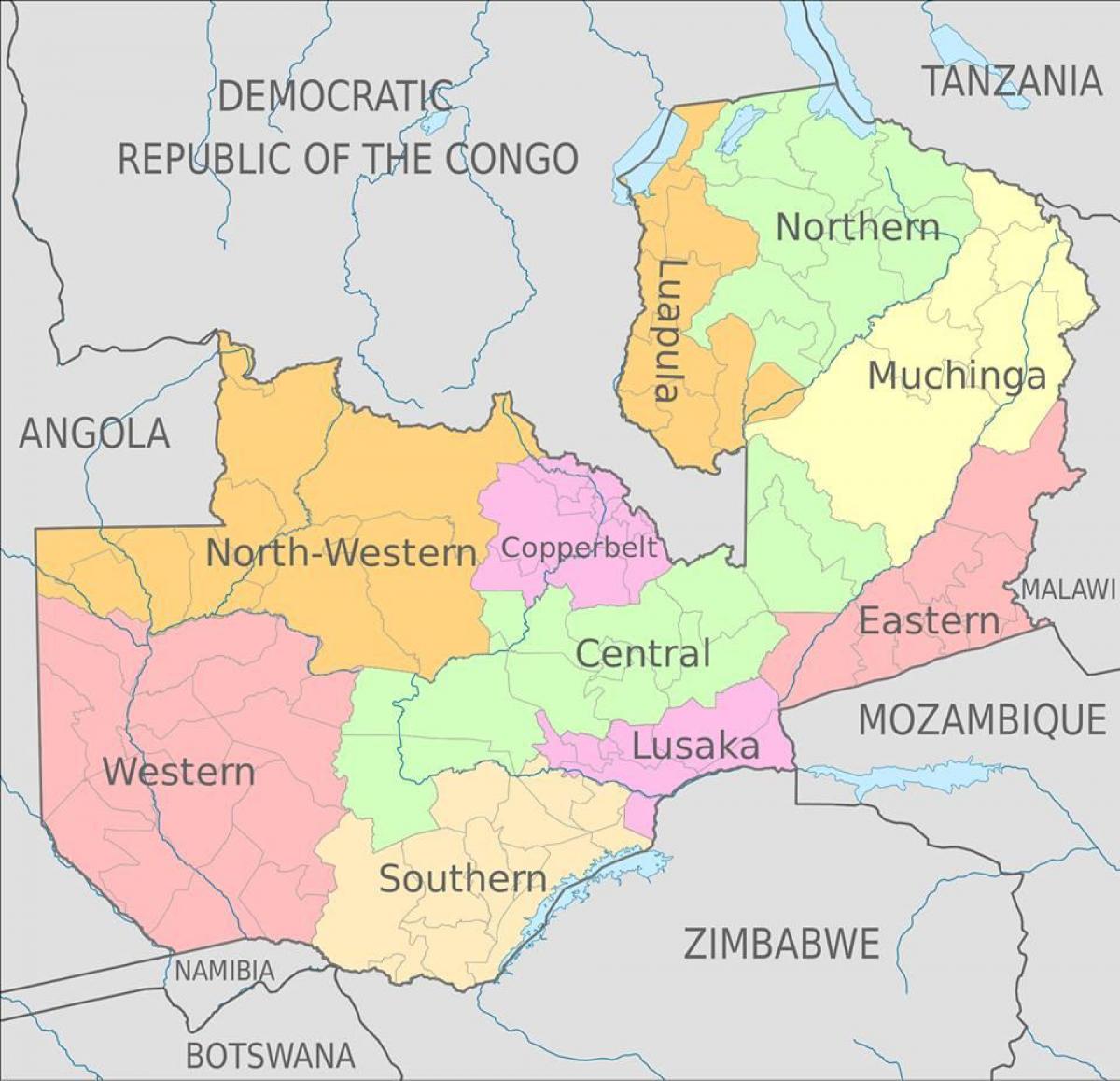 kort over Zambia, der viser 10 provinser