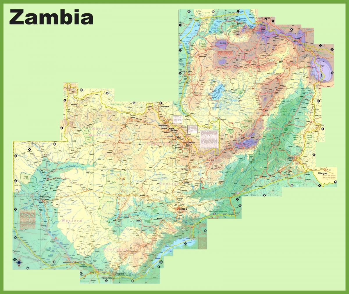 kort over Zambia, der viser alle byer