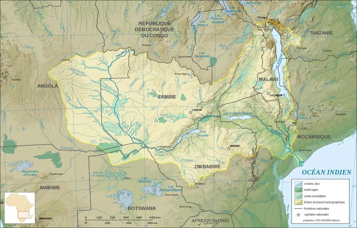 kort over Zambia, der viser, floder og søer