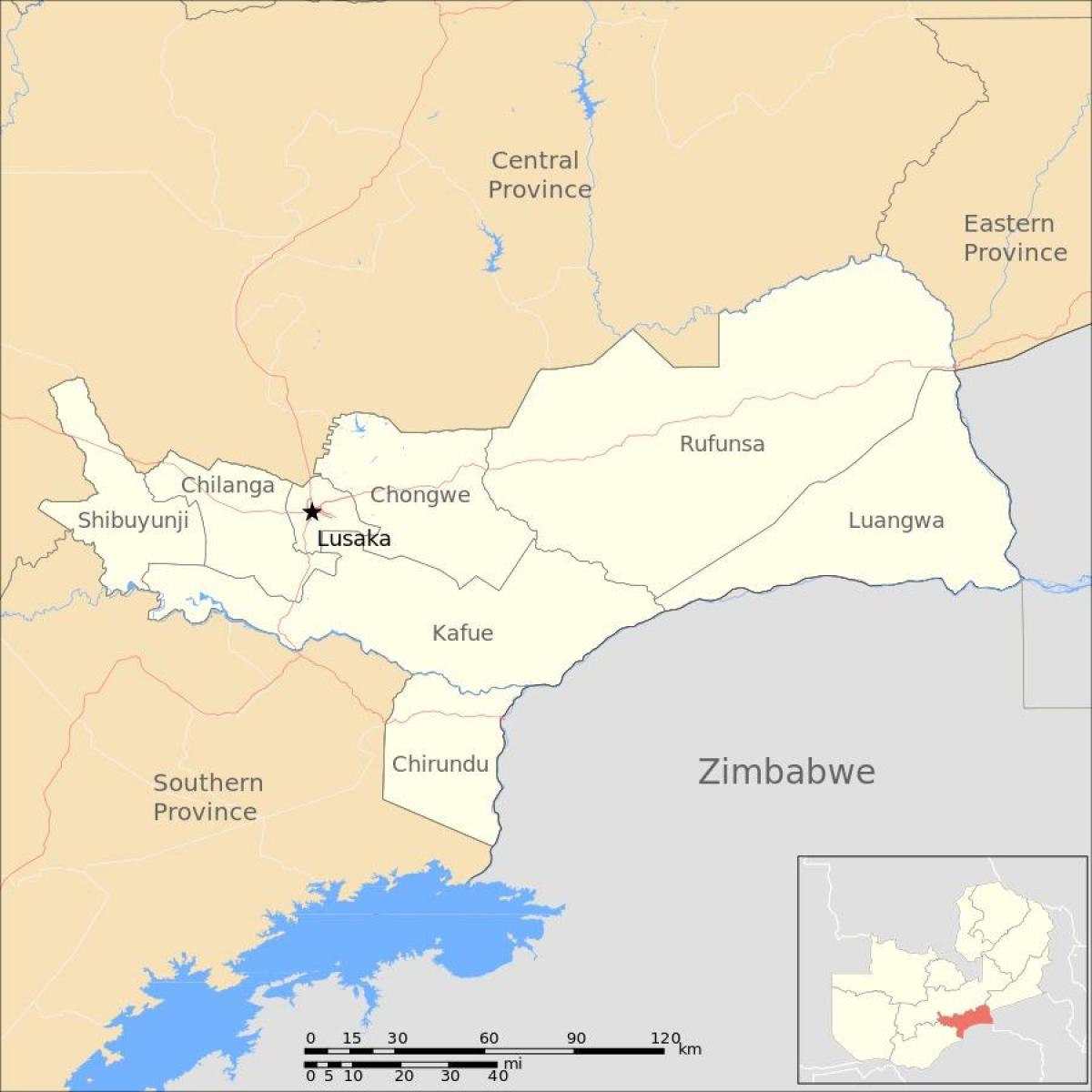 Kort over lusaka i Zambia