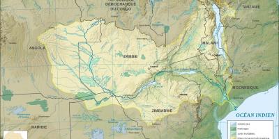Kort over Zambia, der viser, floder og søer